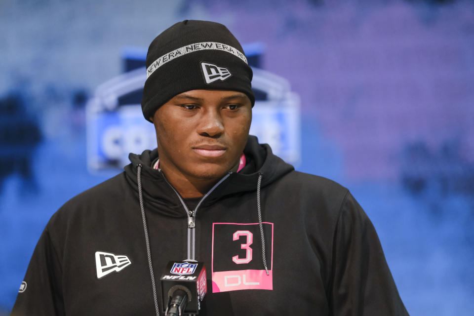 Auburn defensive lineman Derrick Brown listens during a press conference at the NFL football scouting combine in Indianapolis, Thursday, Feb. 27, 2020. (AP Photo/AJ Mast)