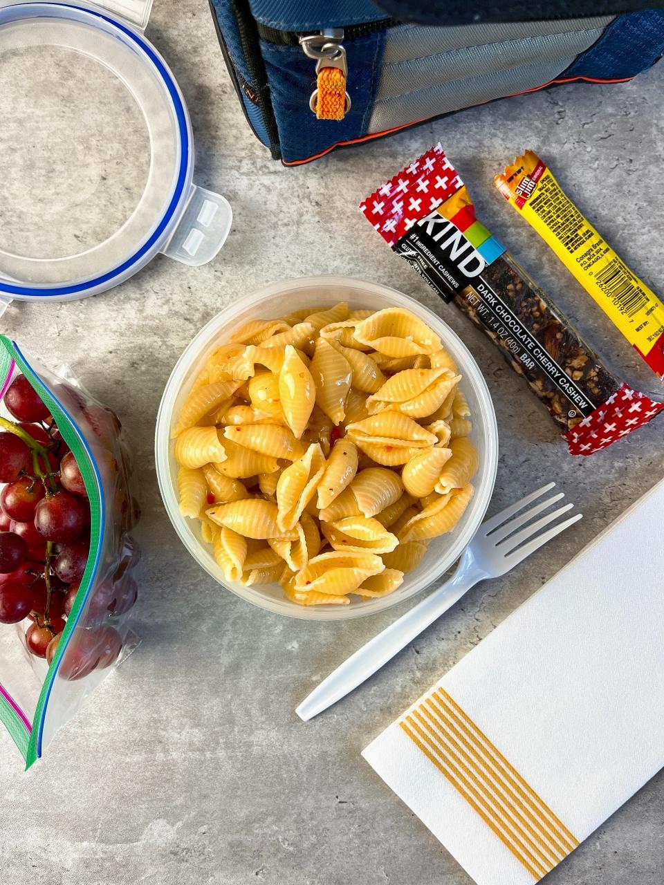 For an easy two-ingredient pasta salad, cook your favorite pasta and while it is still warm, toss with your favorite Italian dressing or vinaigrette.