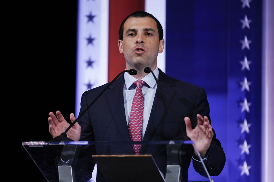 Alex Lasry participates in a televised Wisconsin Democratic U.S. Senate debate, Sunday, July 17, 2022, in Milwaukee. (AP Photo/Morry Gash)