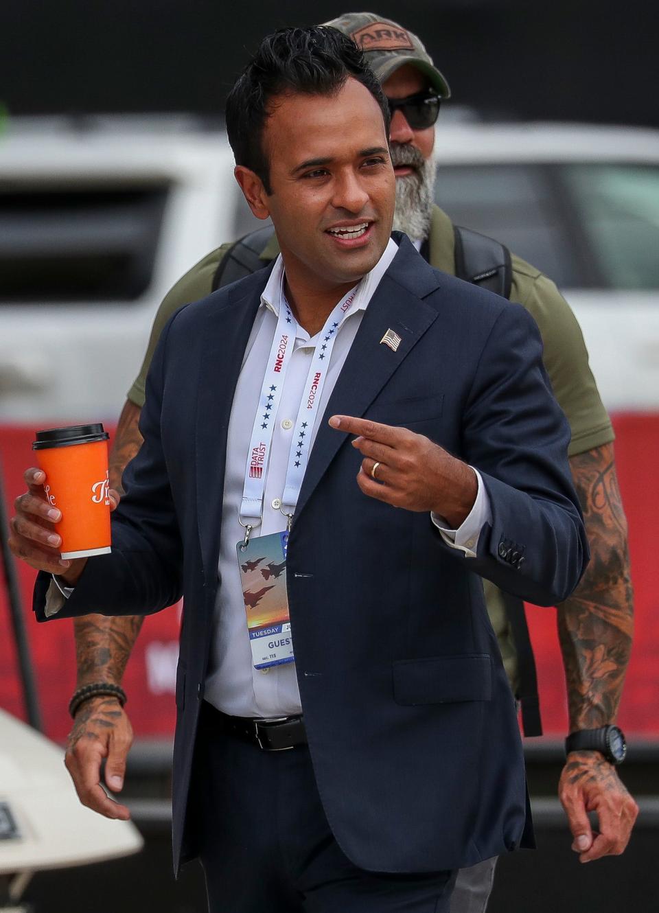 Former Republican presidential candidate Vivek Ramaswamy makes his way to the guest entrance during the 2024 Republican National Convention on Tuesday, July 16, 2024, at Fiserv Forum in Milwaukee, Wis. The convention will run through July 18.