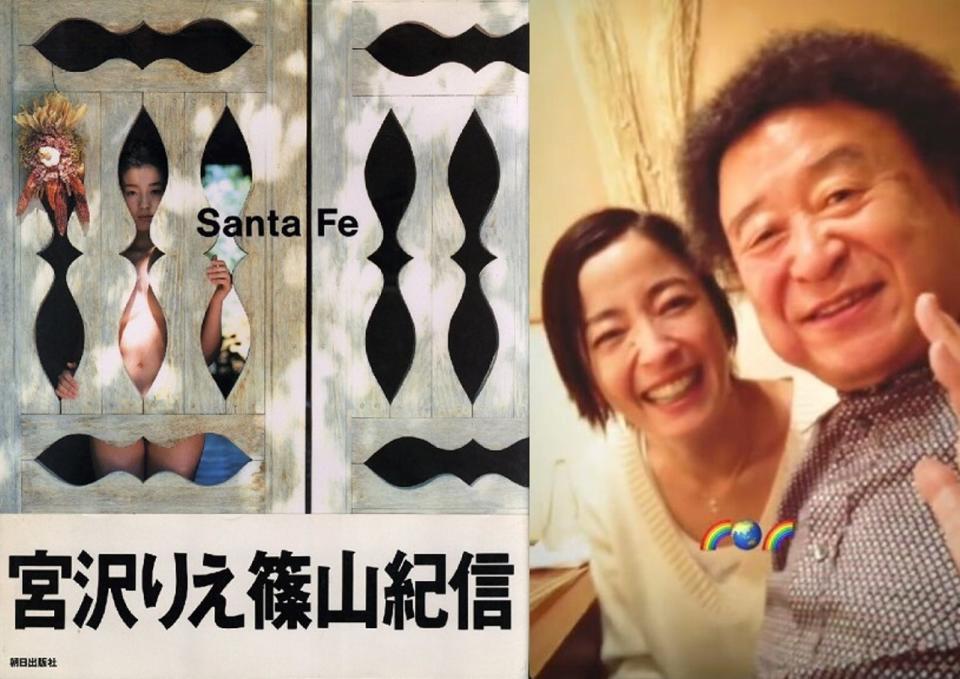 日本攝影大師篠山紀信昨過世（右圖右），曾在他掌鏡下推出全裸寫真《Santa Fe》（左圖）的宮澤理惠發文悼念。（左圖翻攝自小宮山書店官網，右圖翻攝自宮澤理惠IG）