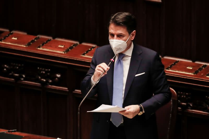 Italy's Prime Minister Giuseppe Conte delivers a speech at the lower chamber of Parliament, in Rome