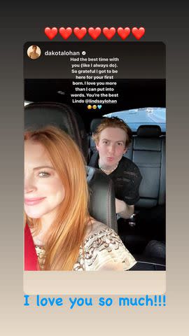 <p>Lindsay Lohan/Instagram</p> Dakota Lohan posted this sweet message to sister, Lindsay on his Instagram Story.