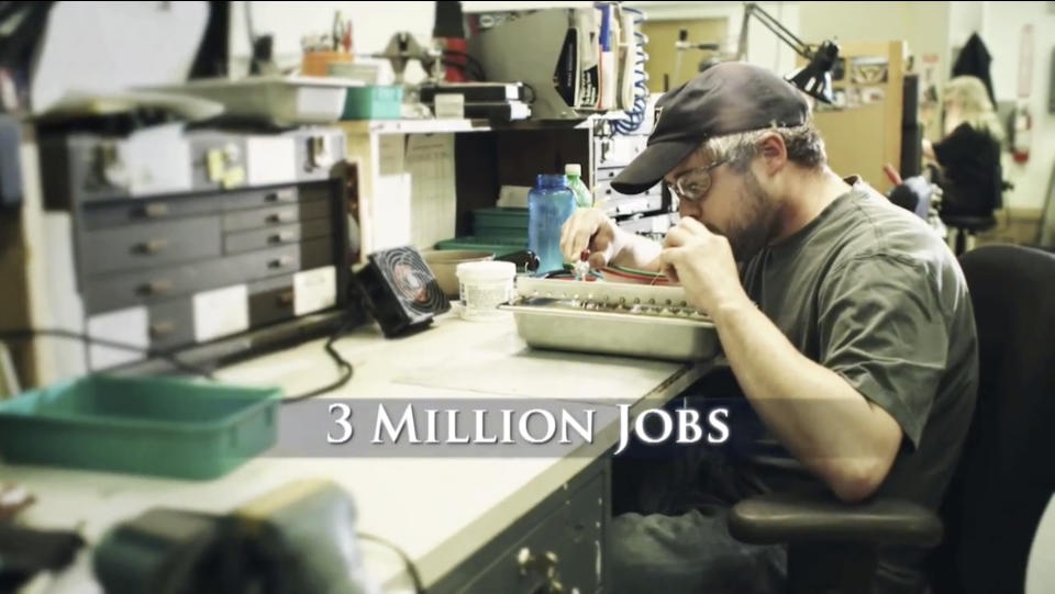This image provided by Romney For President, Inc. shows a still frame made from a video ad entitled "12 Million Jobs." One analysis estimates the campaigns and independent groups will have spent about $1.1 billion on television advertising this year, with $750 million already allocated in states likely to determine the outcome of the presidential contest. Romney primarily is running a spot in which he promises to boost the economy through manufacturing, energy and cracking down on China. (AP Photo/Romney for President, Inc.)