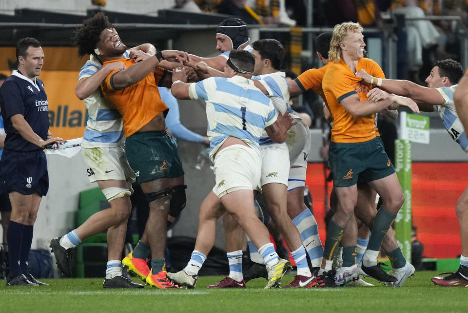 Players react during the Rugby Championship test match between Australia and Argentina in Sydney, Australia, Saturday, July 15, 2023. (AP Photo/Rick Rycroft)