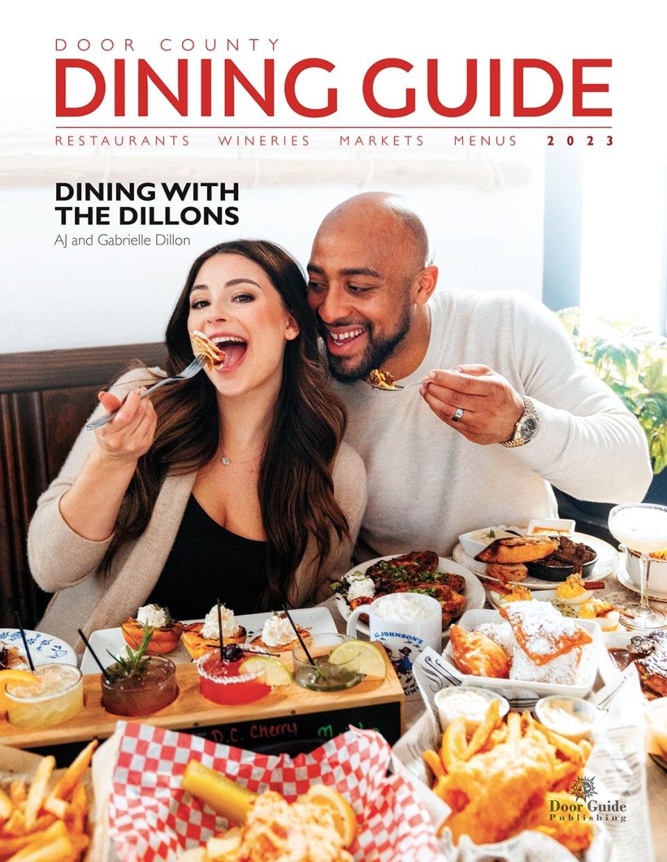 Green Bay Packers running back AJ Dillon and his wife, Gabrielle, are featured on the cover of the 2023 Door County Dining Guide, with an article and photos inside on their favorite dining spots on the Peninsula.