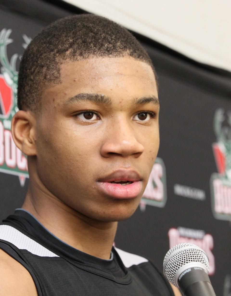 Giannis Antetokounmpo answers media questions before Bucks practice held at the Cousins Center Aug. 1, 2013.