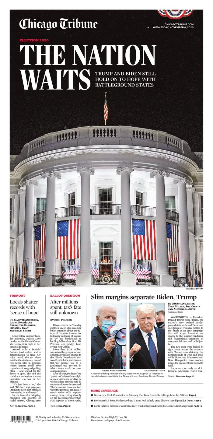 CHICAGO TRIBUNE, Published in Chicago, Ill. USA (Courtesy <a href="https://www.newseum.org/todaysfrontpages/" rel="nofollow noopener" target="_blank" data-ylk="slk:Newseum;elm:context_link;itc:0;sec:content-canvas" class="link ">Newseum</a>)