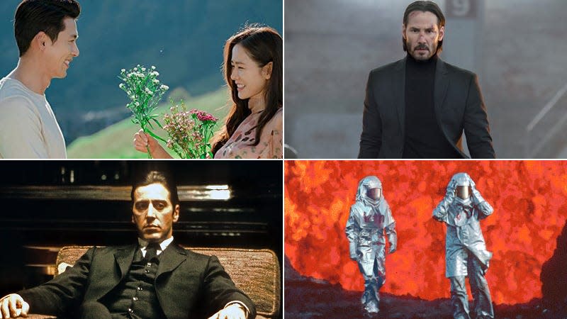 Clockwise left to right Crash Landing On You, John Wick, Fire Of Love, The Godfather II