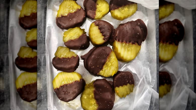 Tray of chocolate covered pickles