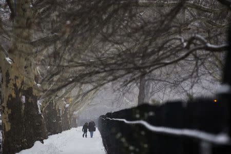 A woman and child walk through a snow storm in New York March 3, 2015. REUTERS/Lucas Jackson