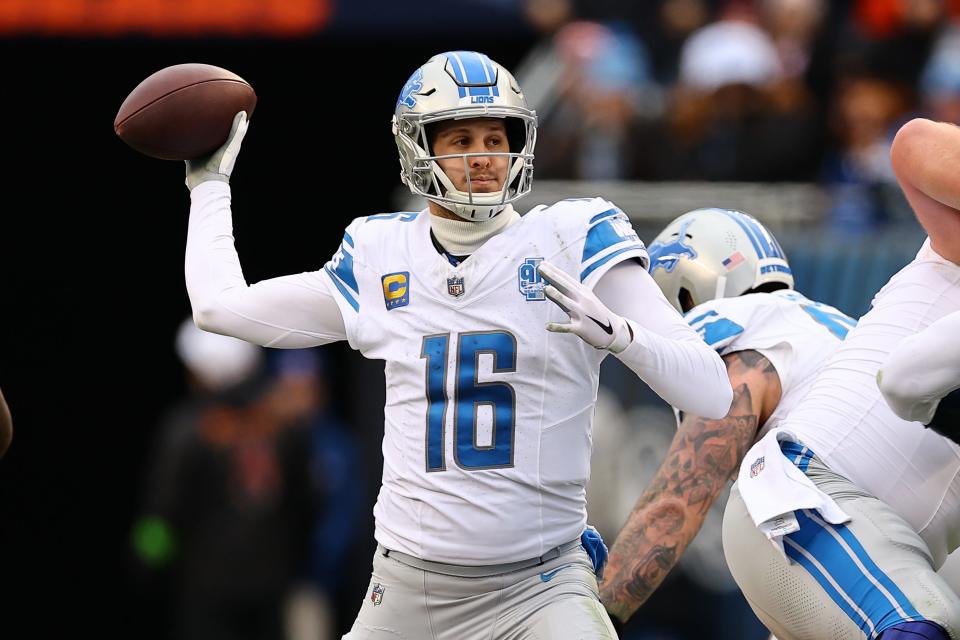 Dec 10, 2023; Chicago, Illinois, USA; Detroit Lions quarterback Jared Goff (16) drops back to pass against the Chicago Bears during the first half at Soldier Field. Mandatory Credit: Mike Dinovo-USA TODAY Sports