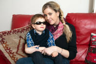 Leo Lake, 5, and his mother Hannah. Leo suffers from Joubert syndrome, The genetic condition means he has to wear sunglasses all day as sunlight and bright light leaves him in agony. Ms Lake said: "Without his glasses, he can't see in bright lights and sunlight, it's excruciatingly painful for him, he just screams and cries. I hope that within his life time the cure will be made available." (Caters)