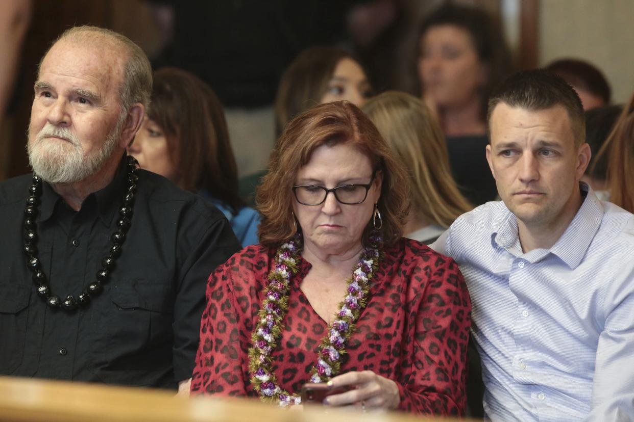 Larry Woodcock, from left, Kay Woodcock and Brandon Boudreaux attend the hearing for Lori Vallow Daybell on Friday, March 6, 2020, in Rexburg, Idaho.