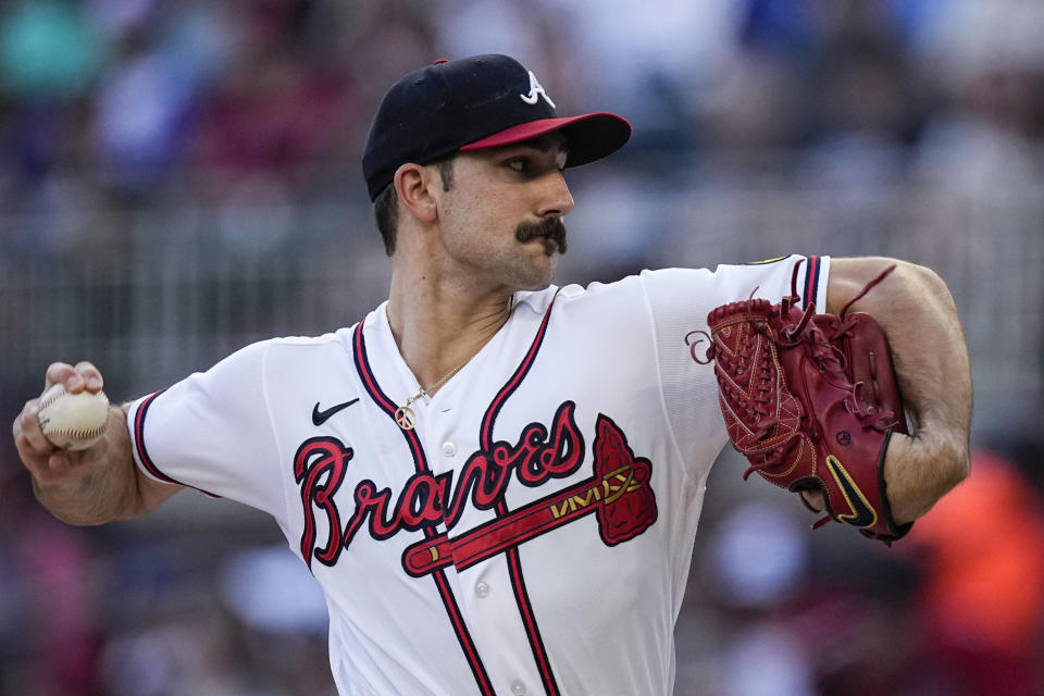 Atlanta Braves starting pitcher Spencer Strider delivers to a Los Angeles Angels batter in the first inning of a baseball game Tuesday, Aug. 1, 2023, in Atlanta. (AP Photo/John Bazemore)