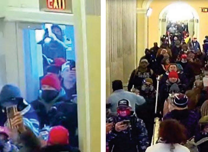 Screenshots of video authorities say shows Jacob Lewis, in a red beanie, entering a door and then walking through the U.S. Capitol during a riot on Jan. 6, 2021.