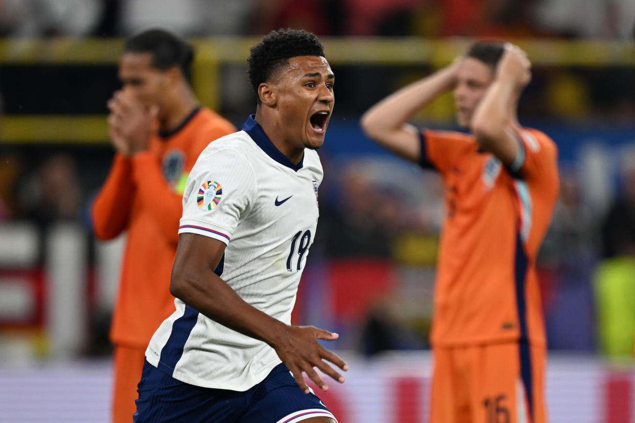 10 July 2024, North Rhine-Westphalia, Dortmund: Soccer, UEFA Euro 2024, European Championship, Netherlands - England, Final round, Semi-final, Dortmund stadium, England's Ollie Watkins celebrates after his goal to make it 1-2. Photo: Bernd Thissen/dpa (Photo by Bernd Thissen/picture alliance via Getty Images)