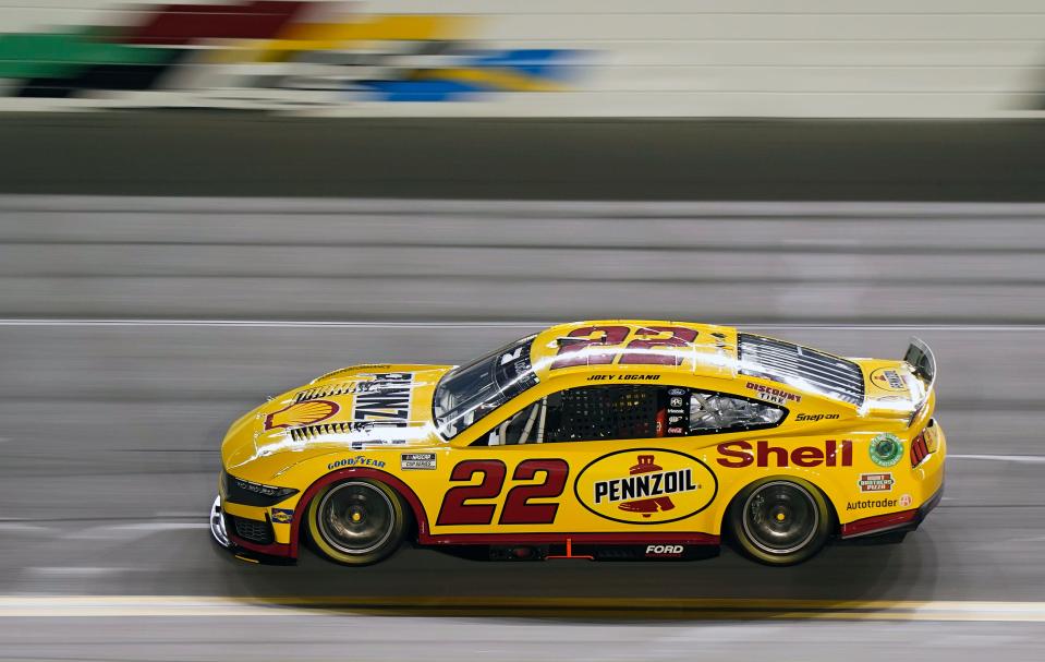 Joey Logano speeds through the tri-oval during Daytona 500 pole qualifying at Daytona International Speedway, Wednesday, Feb. 14, 2024.