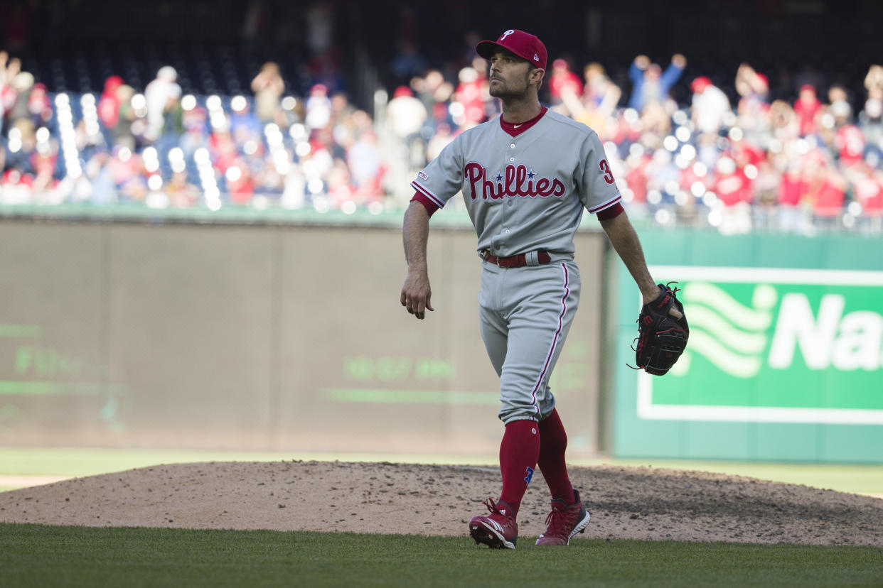 Philadelphia Phillies relief pitcher David Robertson walks off the field after walking in the winning run after a baseball game against the Washington Nationals at Nationals Park, Wednesday, April 3, 2019, in Washington. The Nationals won 9-8. (AP Photo/Alex Brandon)