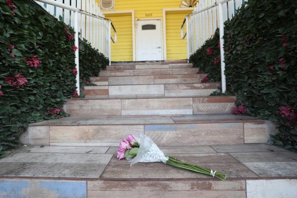 Flowers near the scene on Bledsoe Street where a TCU student was fatally shot early Friday morning, Sept. 1, 2023.