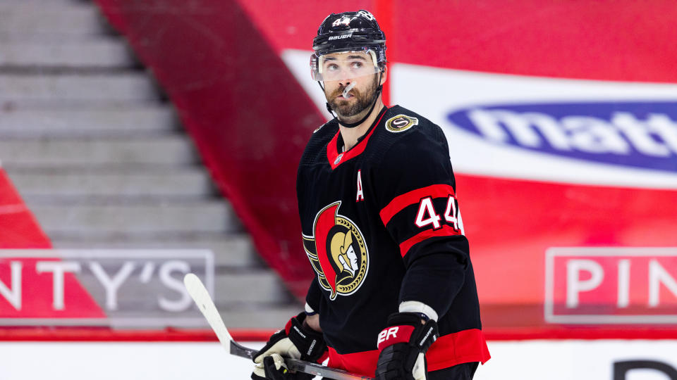 OTTAWA, ON - APRIL 08: Ottawa Senators Defenceman Erik Gudbranson (44) waits while there is a TV timeout during first period National Hockey League action between the Edmonton Oilers and Ottawa Senators on April 8, 2021, at Canadian Tire Centre in Ottawa, ON, Canada. (Photo by Richard A. Whittaker/Icon Sportswire via Getty Images)