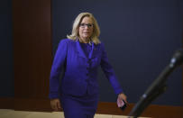 Rep. Liz Cheney, R-Wyo., arrives to speak to reporters after House Republicans voted to oust her from her leadership post as chair of the House Republican Conference because of her repeated criticism of former President Donald Trump for his false claims of election fraud and his role in instigating the Jan. 6 U.S. Capitol attack, at the Capitol in Washington, Wednesday, May 12, 2021. (AP Photo/J. Scott Applewhite)