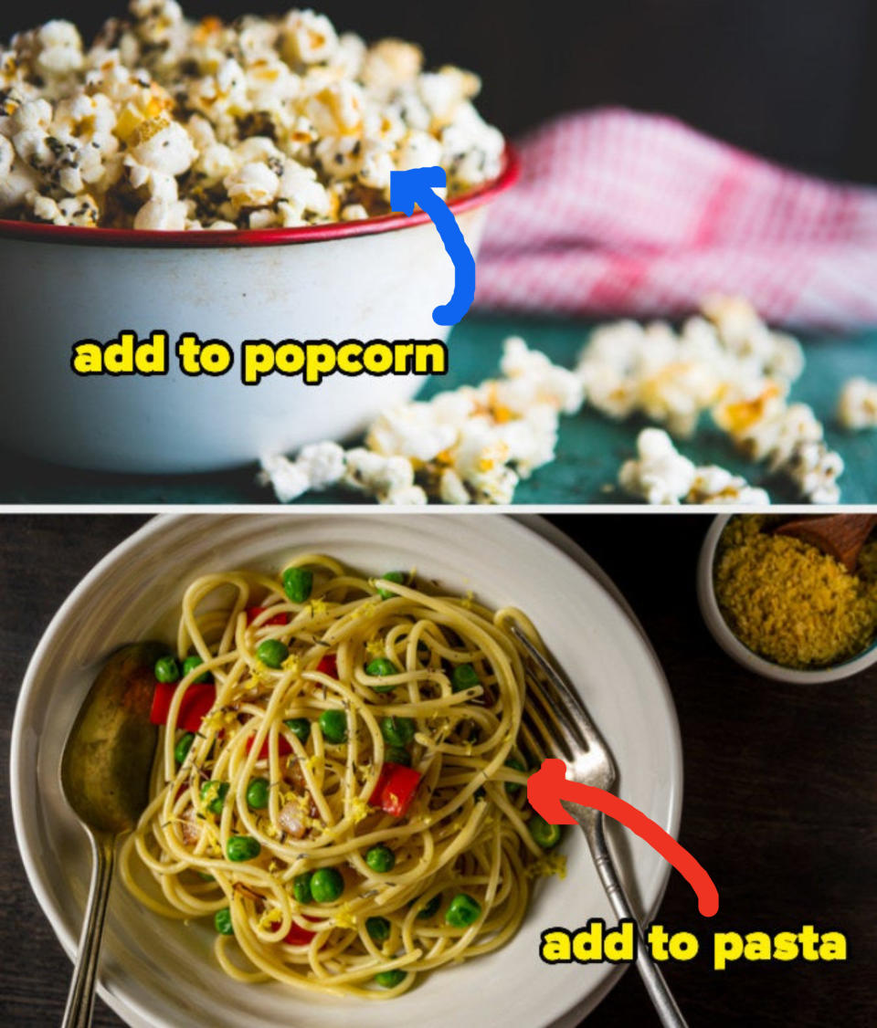 Nutritional yeast added to popcorn and pasta