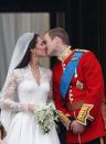 <p>The Duke and Duchess of Cambridge had not one but two kisses on their wedding day. Here they are smooching on the balcony of Buckingham Palace in front of their fans, April 2011.</p>