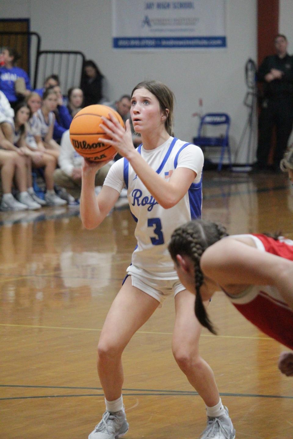 Jay's Aubreigh Nelson (3) shoots a free throw during the Royals' 45-32 win over Pace on Thursday, Dec. 14, 2023, in Jay.