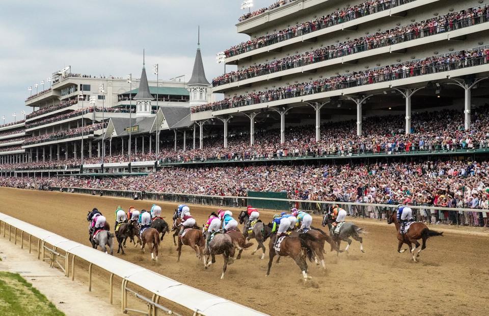 The field for the 149th Running of the Kentucky Derby makes it way by the grandstands on Saturday, May 6, 2023, at Churchill Downs.