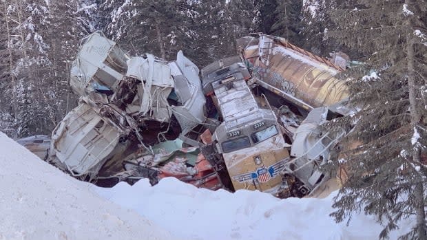 The head end of the train derailed about a third of a mile from the Lower Spiral Tunnel, into the Kicking Horse River, in the early hours of Feb. 4, 2019, near Field, B.C., killing the three crew members. Ninety-nine loaded grain cars derailed in three spots.