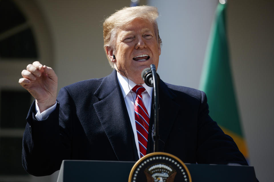 President Trump speaks during a news conference in the Rose Garden of the White House on Tuesday. (AP Photo/Evan Vucci)   