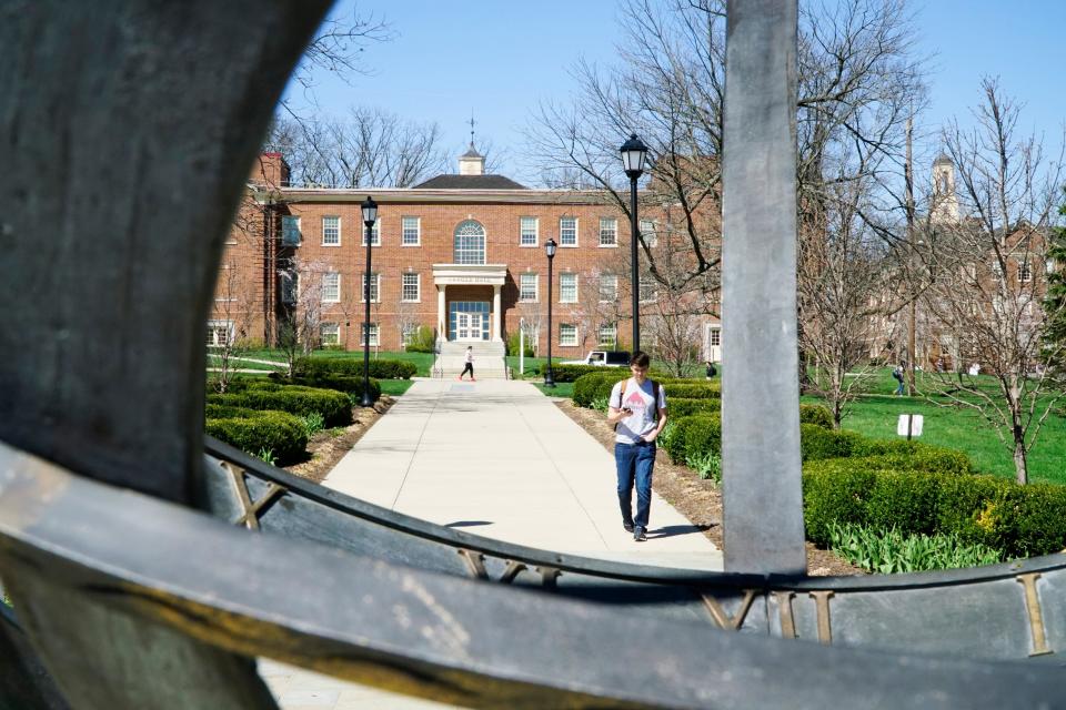 Miami University's campus seen through the sun dial at the north end of Central Quad, April 9, 2019.