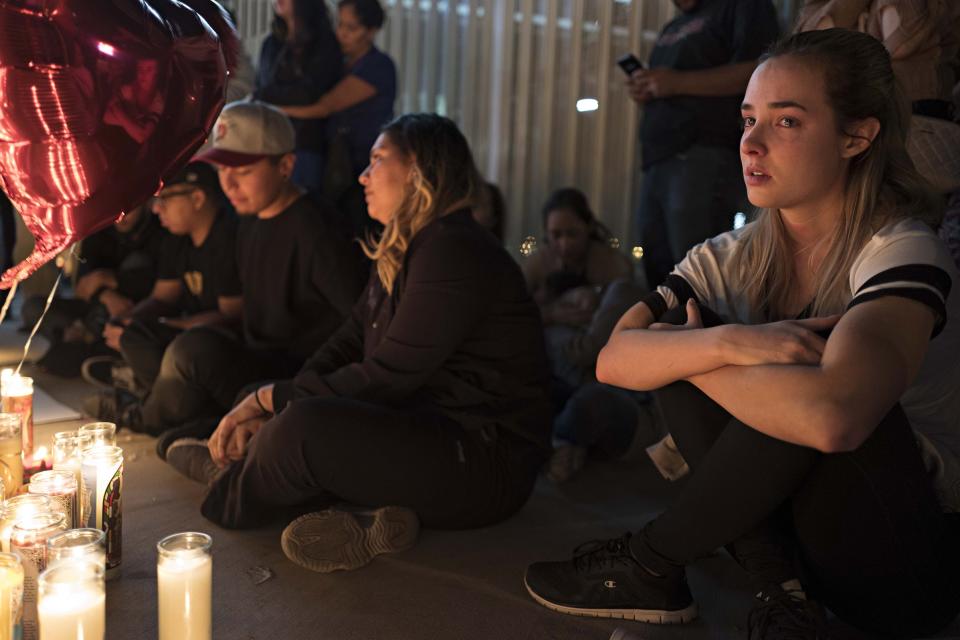 A street vigil held for victims of Sunday's mass shooting, at a main intersection on Las Vegas Boulevard on Oct. 2, 2017.