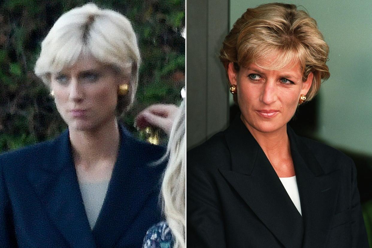 EXCLUSIVE: The Australian actress Elizabeth Debicki who plays 'The People's Princess' - Diana is pictured on location filming scenes for the new Netflix series of 'The Crown' out in Palma De Mallorca, Spain. The outfit appears to be a replica of the outfit Princess Diana wore At Luanda Airport Angola At The Start Of Her Visit To Campaign With The Red Cross Against Landmines. https://www.rexfeatures.com/livefeed/z1348c4b43/princess_diana_1997? Pictured: Elizabeth Debicki Ref: SPL5490493 021022 EXCLUSIVE Picture by: BACKGRID / SplashNews.com Splash News and Pictures USA: +1 310-525-5808 London: +44 (0)20 8126 1009 Berlin: +49 175 3764 166 photodesk@splashnews.com United Arab Emirates Rights, Australia Rights, Austria Rights, Canada Rights, Denmark Rights, Egypt Rights, Ireland Rights, Finland Rights, Germany Rights, Israel Rights, Jordan Rights, South Korea Rights, Lebanon Rights, Norway Rights, New Zealand Rights, Qatar Rights, Saudi Arabia Rights, South Africa Rights, Singapore Rights, Sweden Rights, Switzerland Rights, Thailand Rights, Turkey Rights, Taiwan Rights, United Kingdom Rights, United States of America Rights ; PA NEWS PHOTO 13/1/97: DIANA, PRINCESS OF WALES, ON HER ARRIVAL AT LUANDA AIRPORT, ANGOLA, WHERE SHE IS VISITING THE BRITISH RED CROSS MISSION AGAINST LAND MINES (Photo by John Stillwell - PA Images/PA Images via Getty Images)