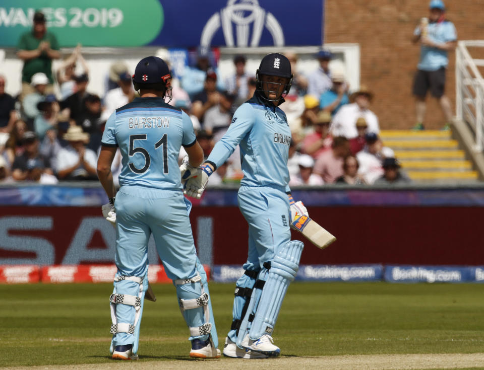 3rd July 2019, Emirates Riverside, Chester-le-Street, Durham, England; ICC World Cup Cricket, England versus New Zealand;  Jonny Bairstow and Jason Roy of England added one hundred without loss for the first wicket (photo by Alan Martin/Action Plus via Getty Images)