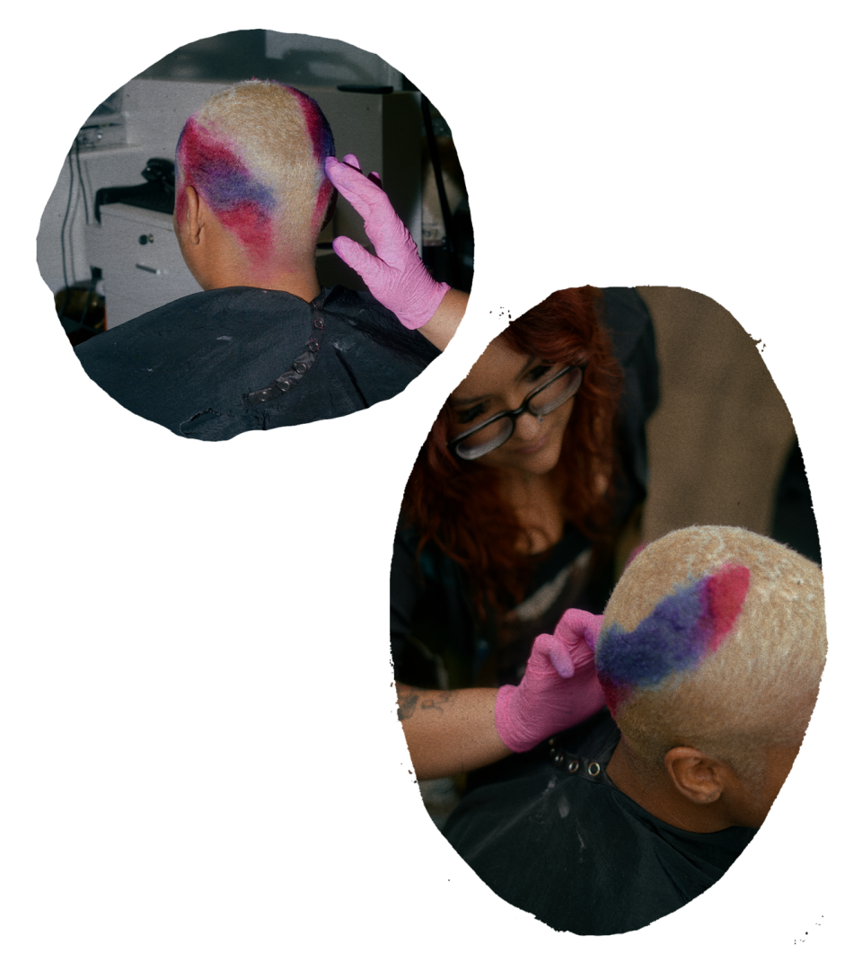 two circular photos of c0mptonkitty painting magenta and blue dye on Darian Symoné Harvin's hair