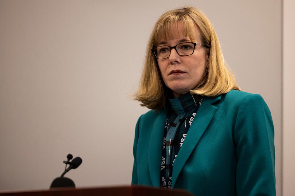 Corinne Geller, Virginia State Police spokesperson, speaks during Monday's press conference identifying Alan Wade Wilmer Sr., who died in December 2017, as the main suspect in three cold case homicides.