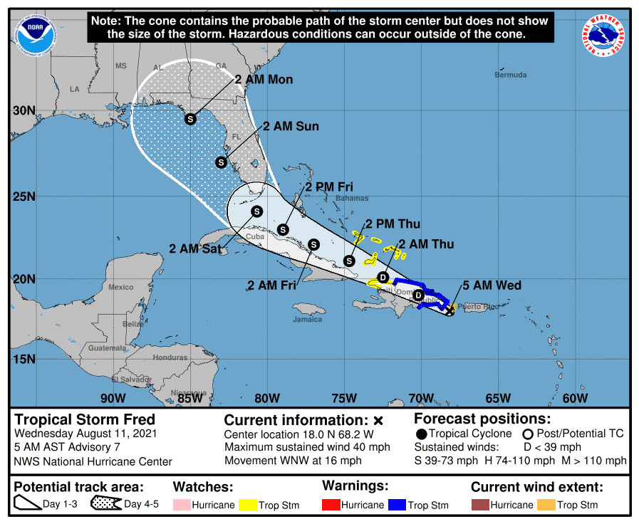 The path of Tropical Storm Fred as of 5 a.m. Wednesday, August 11, 2021.
