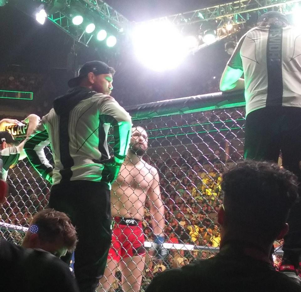 Miami’s Jorge Masvidal of American Top Team in his final MMA fight at UFC 287 on Saturday at the Kaseya Center in Miami. In his corner included ATT teammate and Bellator middleweight champ Johnny Eblen.