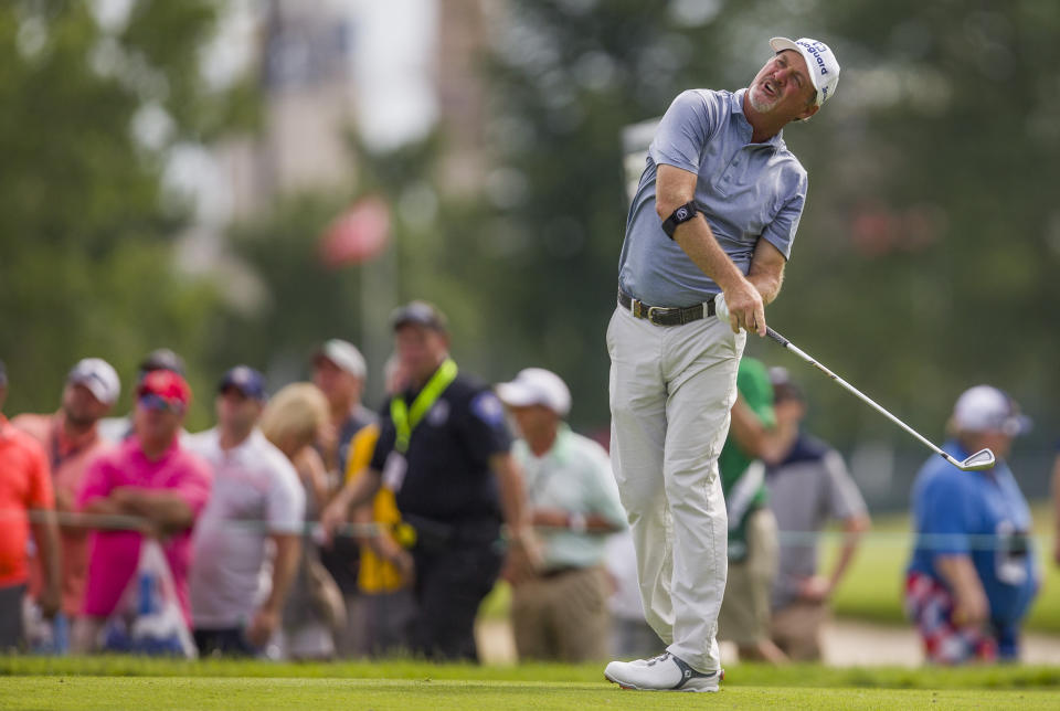 Jerry Kelly watches his shot from the seventh fairway during the final round of the U.S. Senior Open on Sunday, June 30, 2019, at Notre Dame's Warren Golf Course in South Bend, Ind. (Robert Franklin/South Bend Tribune via AP)