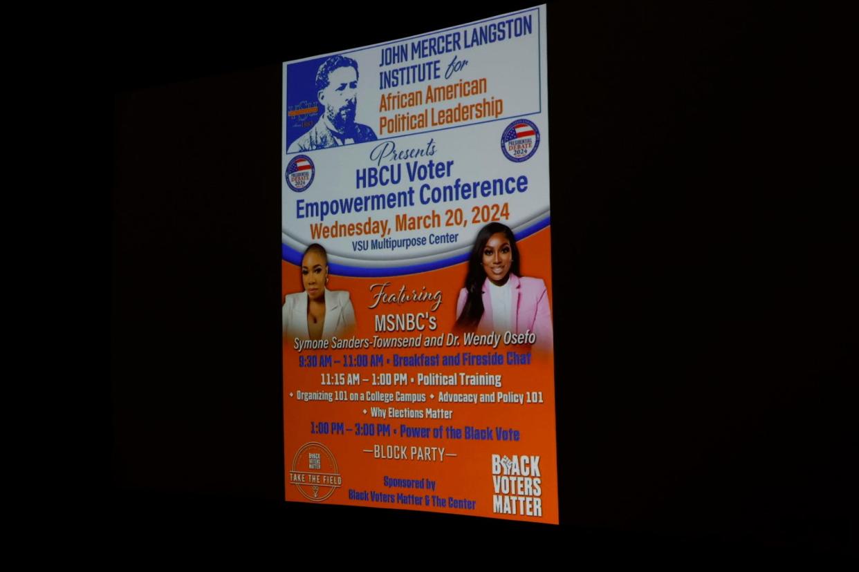 A poster of Wednesday's HBCU Voter Empowerment Conference outlines a day of learning for attendees.