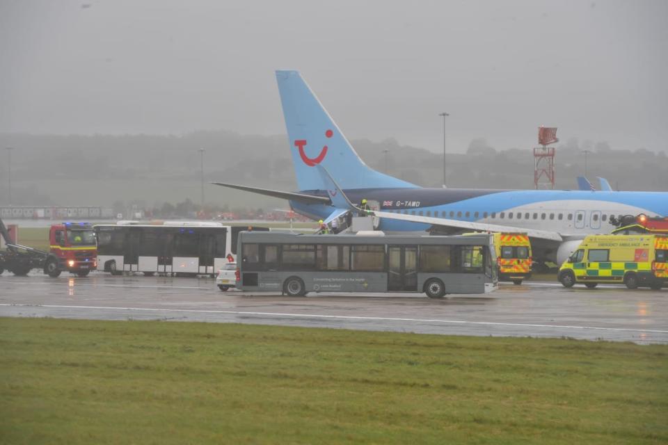 A Boeing 737-800 flying from Corfu was landing at Leeds Bradford Airport in West Yorkshire when it ‘overshot the runway’ (Bradford T&A / SWNS)