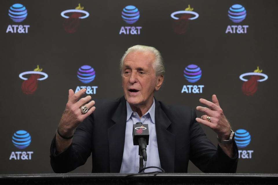 Miami Heat president Pat Riley gestures as he speaks during an end of season NBA basketball news conference, Tuesday, June 20, 2023, in Miami. (AP Photo/Wilfredo Lee)