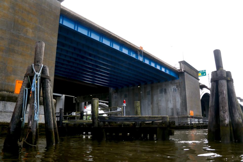 The closed westbound span of the Washington Bridge as seen from the Seekonk River.