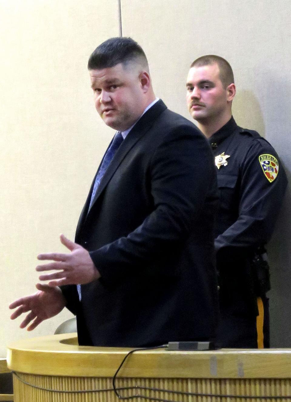 Former Wall Township Police Sergeant James Cadigan speaks during his sentencing before Judge Christie L. Bevacqua at the Monmouth County Courthouse in Freehold Wednesday, March 20, 2024. Cadigan was sentenced to five years in prison for stealing about $115,000 from a local Pop Warner football club where he was a coach and from his own PBA.