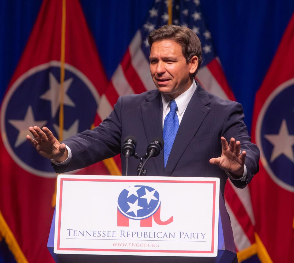 Florida Gov. Ron DeSantis speaks, a GOP presidential candidate, at the Tennessee Republican Party’s Statesmen's Dinner on Saturday, July 15, 2023 at Music City Center.