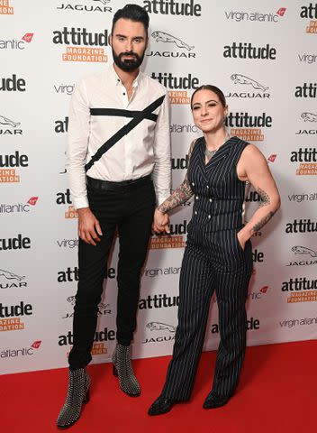 <p>Kate Green/Getty Images</p> Rylan Clark with Lucy Spraggan at the 2021 Virgin Atlantic Attitude Awards in London
