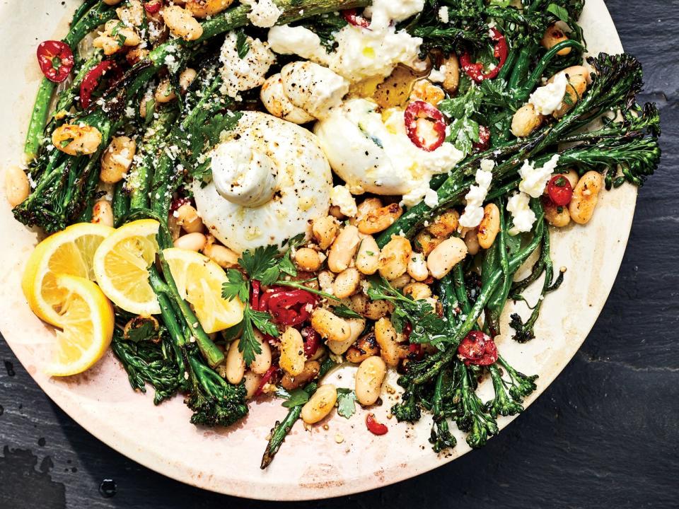 Cacio e Pepe Broccolini with Crispy White Beans and Burrata