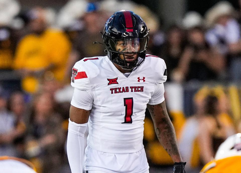 Sep 2, 2023; Laramie, Wyoming, USA; Texas Tech Red Raiders defensive back Dadrion Taylor-Demerson (1) against the Wyoming Cowboys during the first quarter at Jonah Field at War Memorial Stadium. Mandatory Credit: Troy Babbitt-USA TODAY Sports